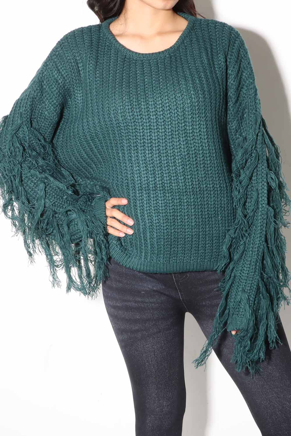 Cowgirl Fringle Knit Sweater, Dark Green