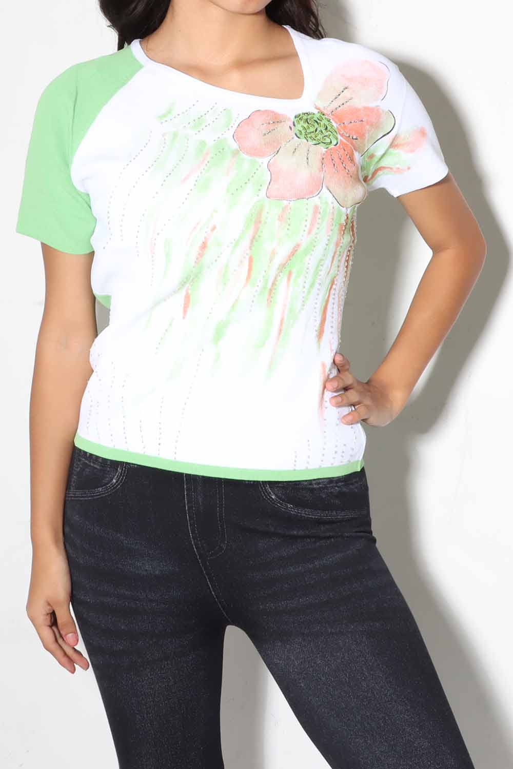 Flower Printed Knit Top, Lime Green