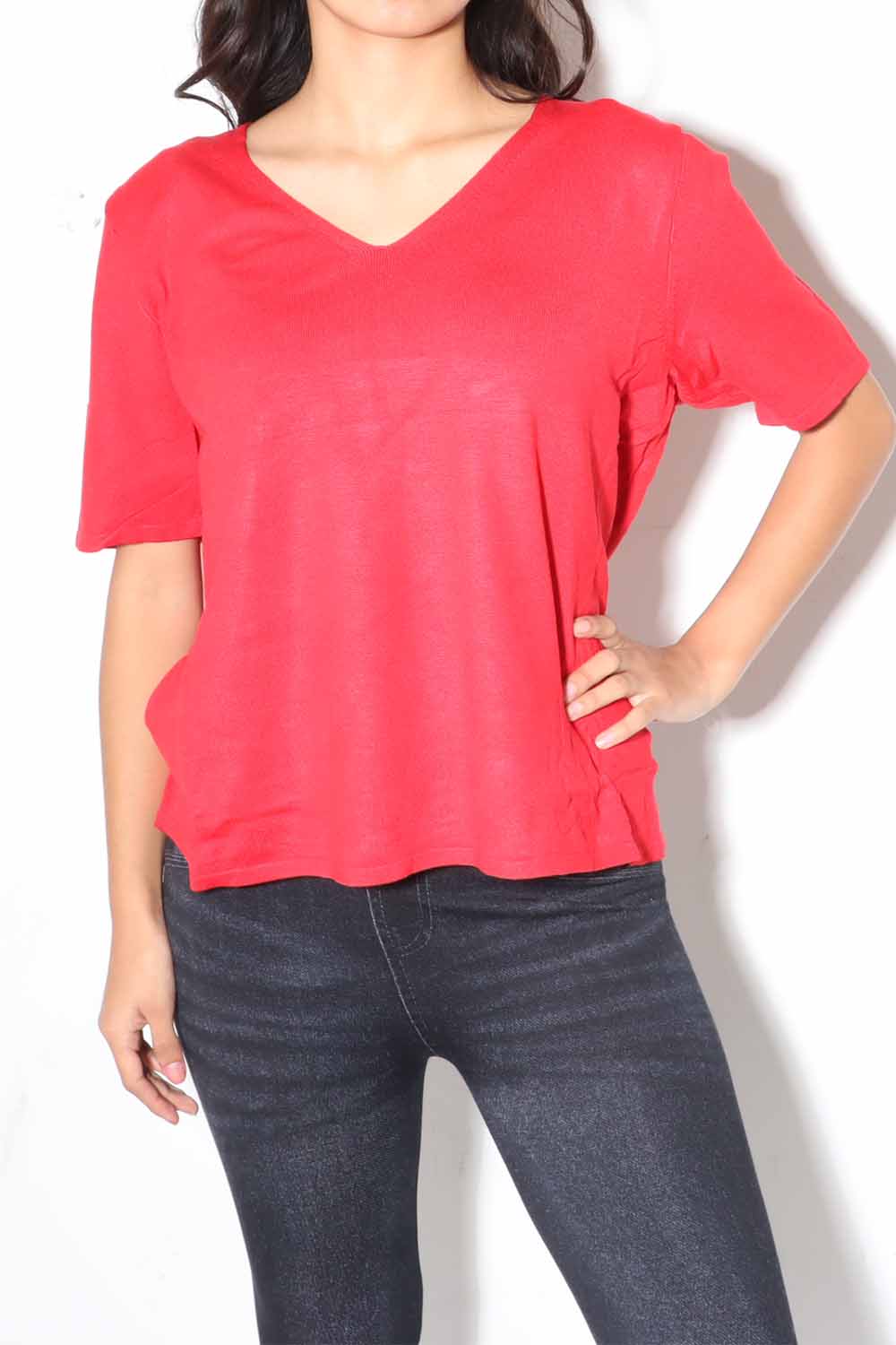 Vintage V-Neck Knit Top , Red